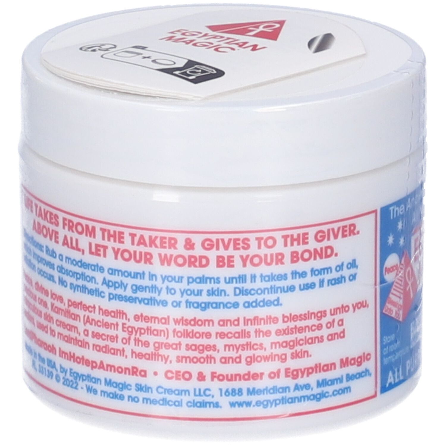 Vasetto bianco con testo. Testo: Egyptian Magic Skin Cream, CEO & Founder. Retro con testo. Coperchio con logo.