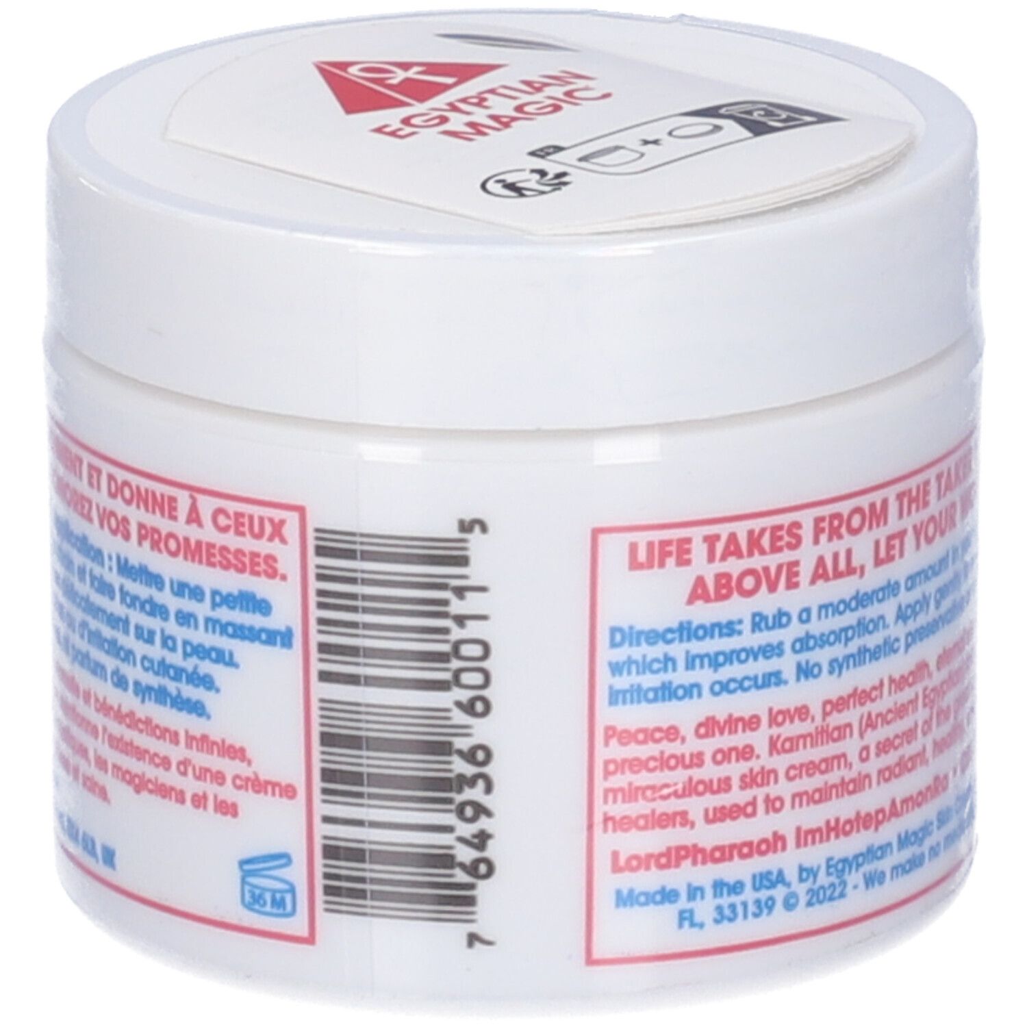 Vasetto bianco con codice a barre e testo. Testo: Egyptian Magic Skin Cream. Coperchio con logo. Simbolo 36M.