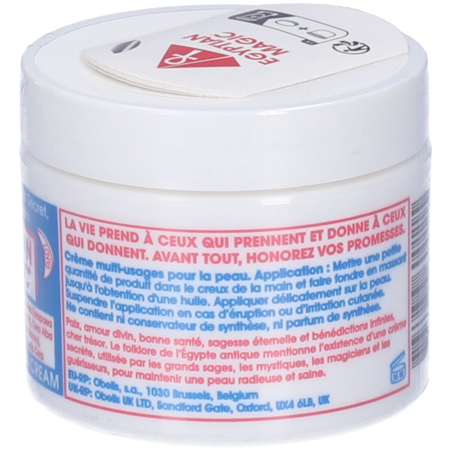 Vasetto bianco con testo. Testo: Egyptian Magic Skin Cream. Retro con testo. Coperchio con logo.