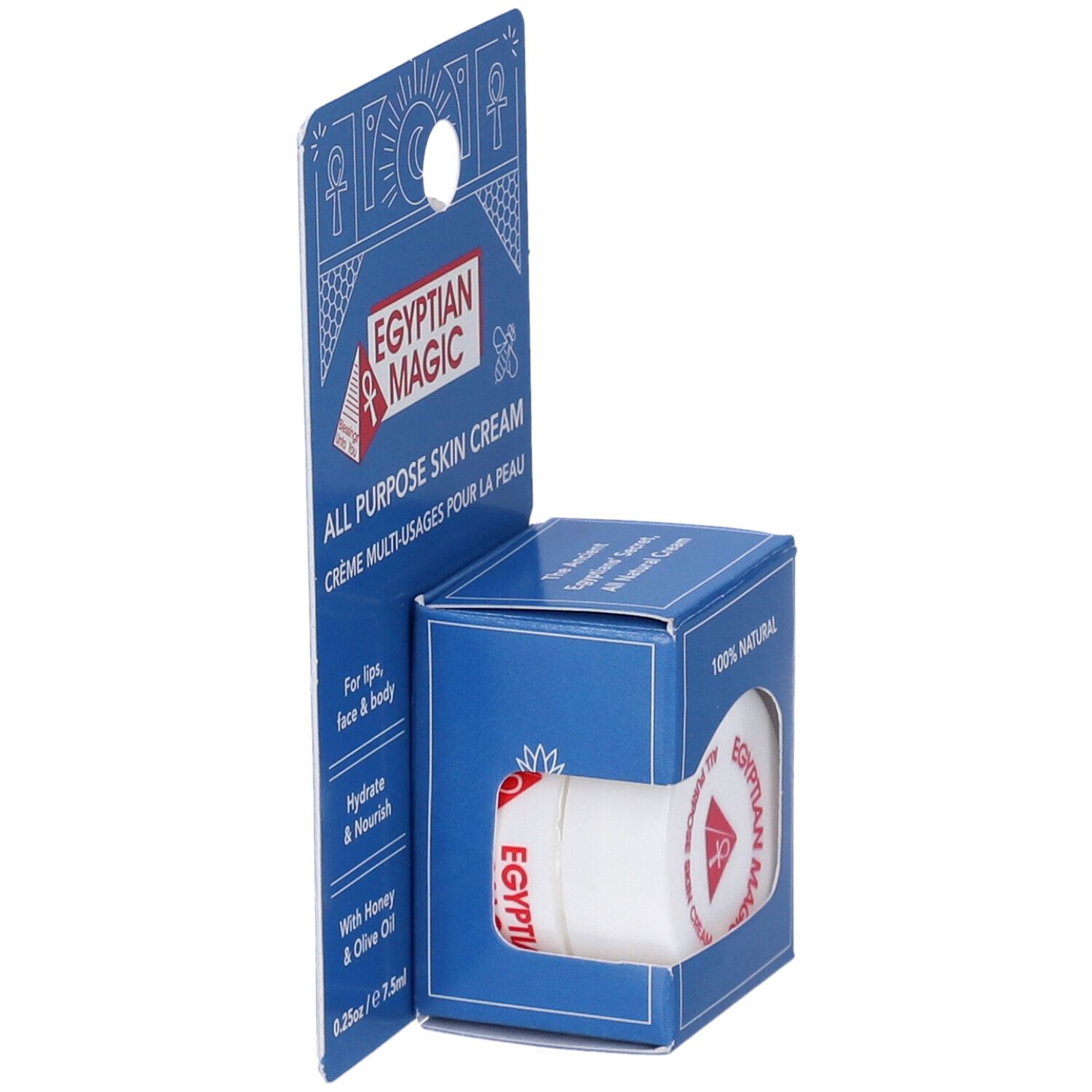 Astuccio blu con crema. Scritta: Egyptian Magic All Purpose Skin Cream. 100% Natural. 0.25oz / 7.5ml.