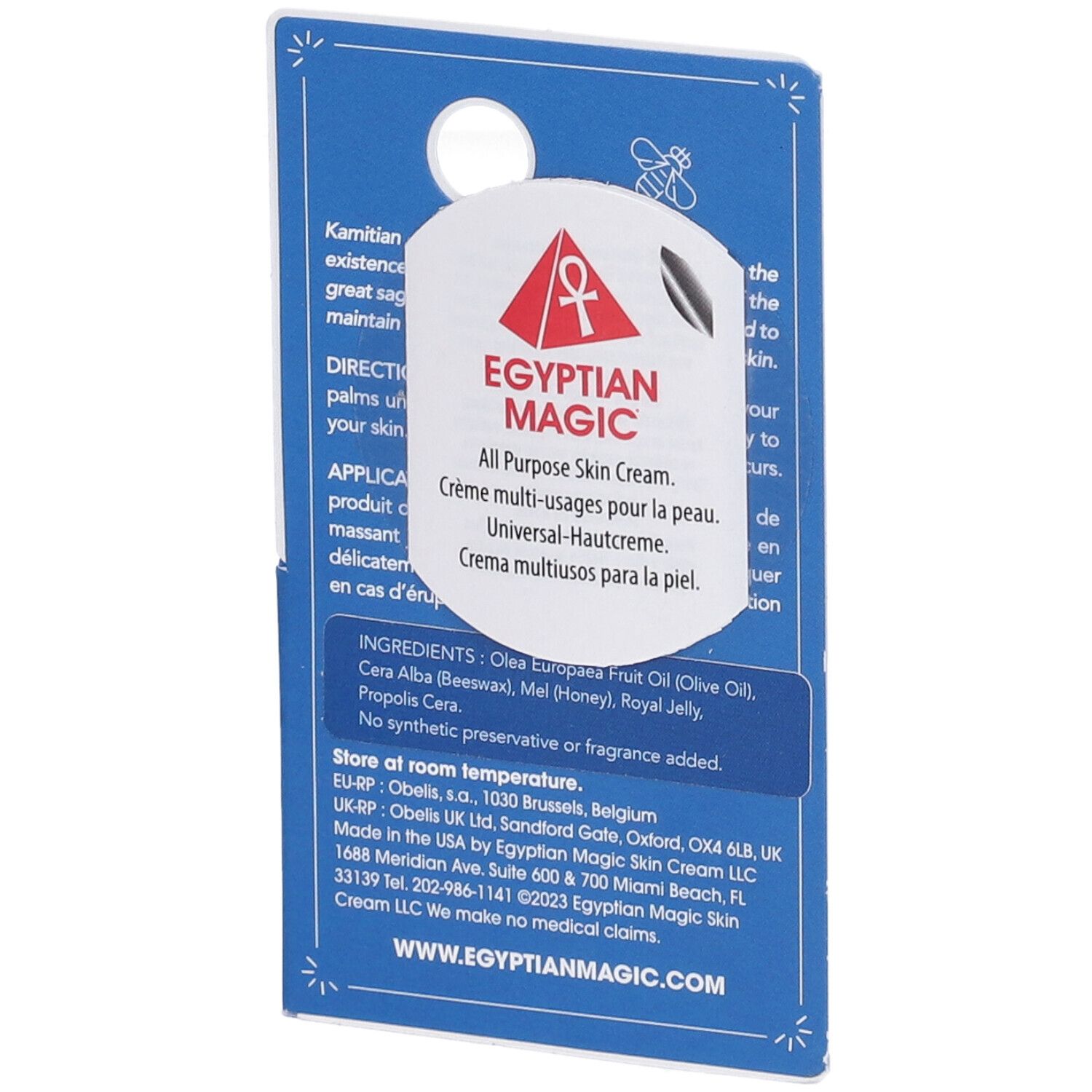 Retro confezione. Testo: Egyptian Magic All Purpose Skin Cream. Ingredienti, istruzioni di conservazione, contatti.