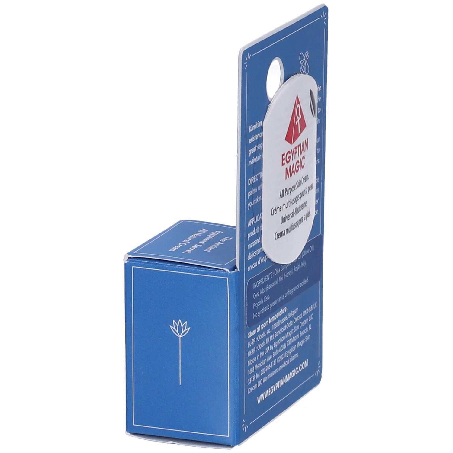 Astuccio blu con crema. Scritta: Egyptian Magic All Purpose Skin Cream. Logo con fiore di loto.