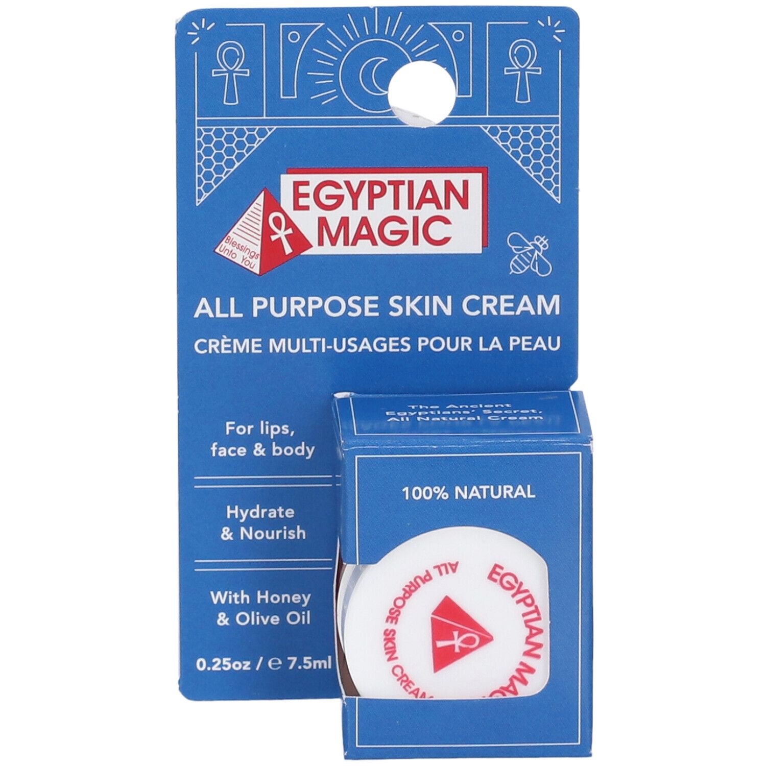 Astuccio blu con crema. Scritta: Egyptian Magic All Purpose Skin Cream. 100% Natural. 0.25oz / 7.5ml.