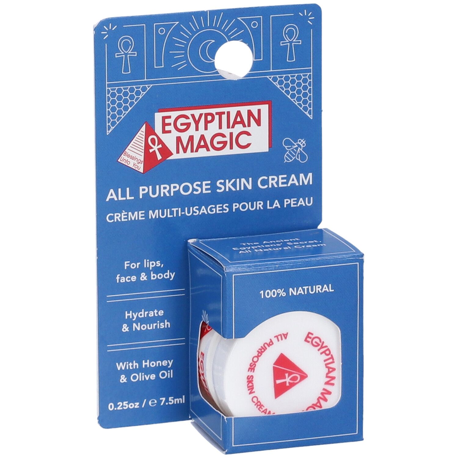 Astuccio blu con crema. Scritta: Egyptian Magic All Purpose Skin Cream. 100% Natural. 0.25oz / 7.5ml.