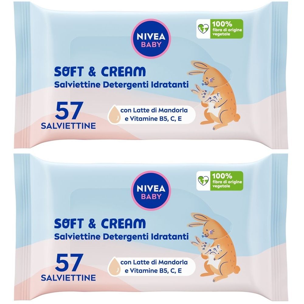 Due confezioni di salviettine Nivea Baby. Scritta: Soft & Cream, 57 salviettine, con latte di mandorla e vitamine. Logo e illustrazione.