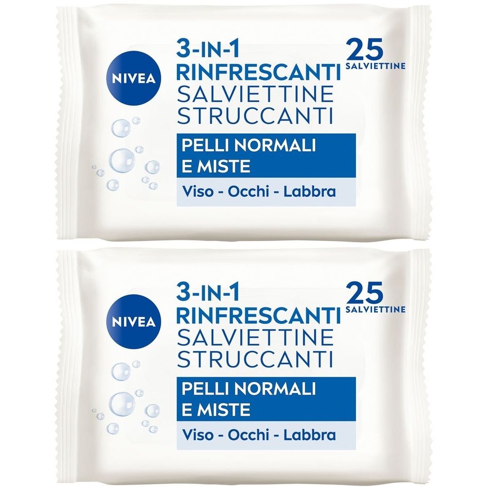 Due confezioni di salviettine struccanti Nivea 3-in-1. Scritta: Rinfrescanti, Salviettine Struccanti, Pelli Normali E Miste. 25 salviettine.