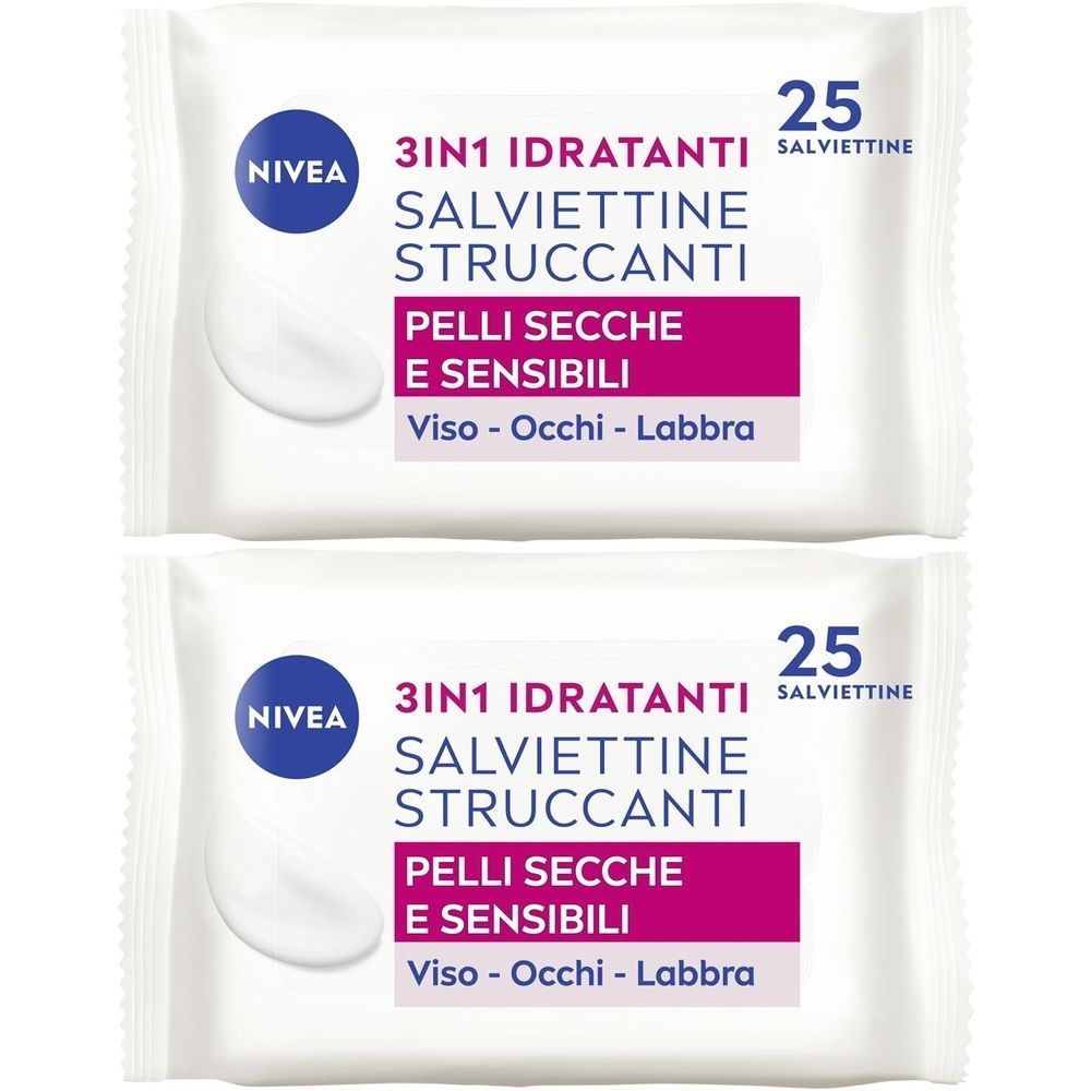 Due confezioni bianche di salviettine struccanti. Scritta: Nivea, 3in1, 25 salviettine, per pelli secche e sensibili.