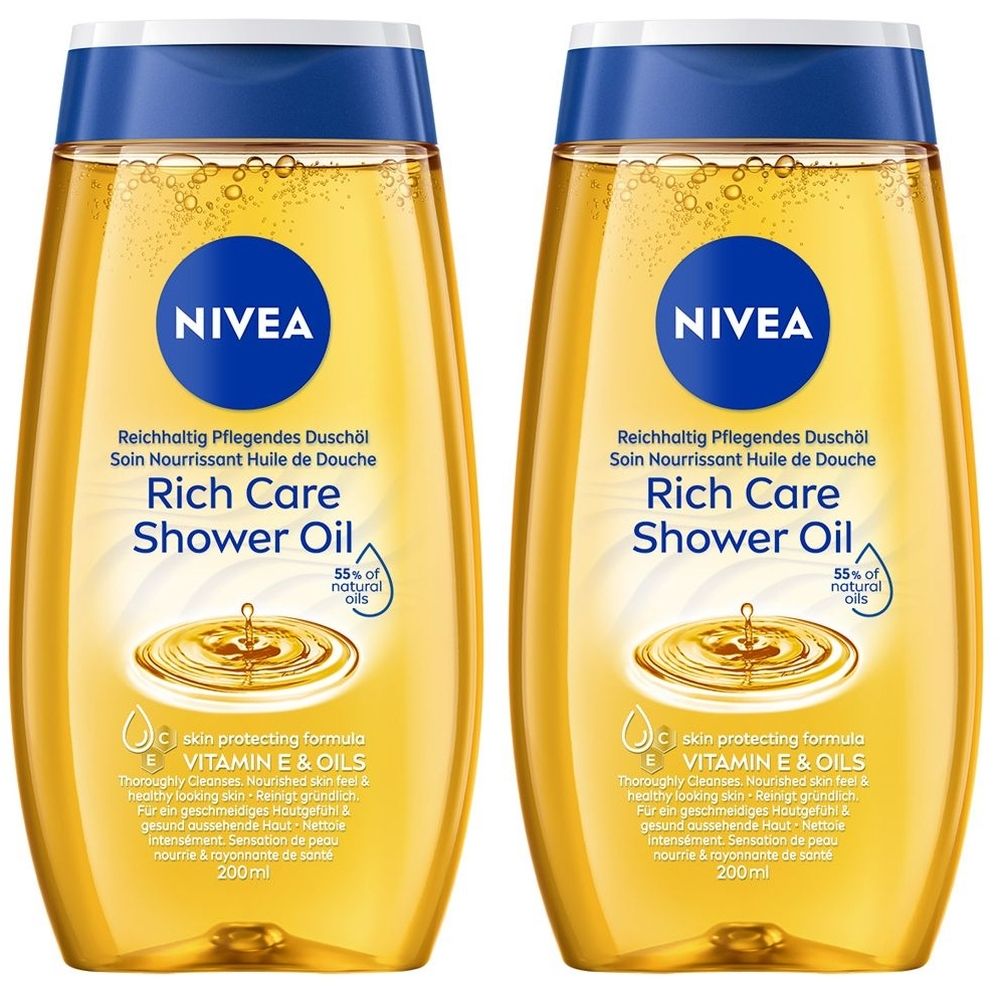 Nivea Olio Doccia Nutrimento Intenso 200 ml, Bagnoschiuma con Oli Naturali per una pelle morbida Set da 2