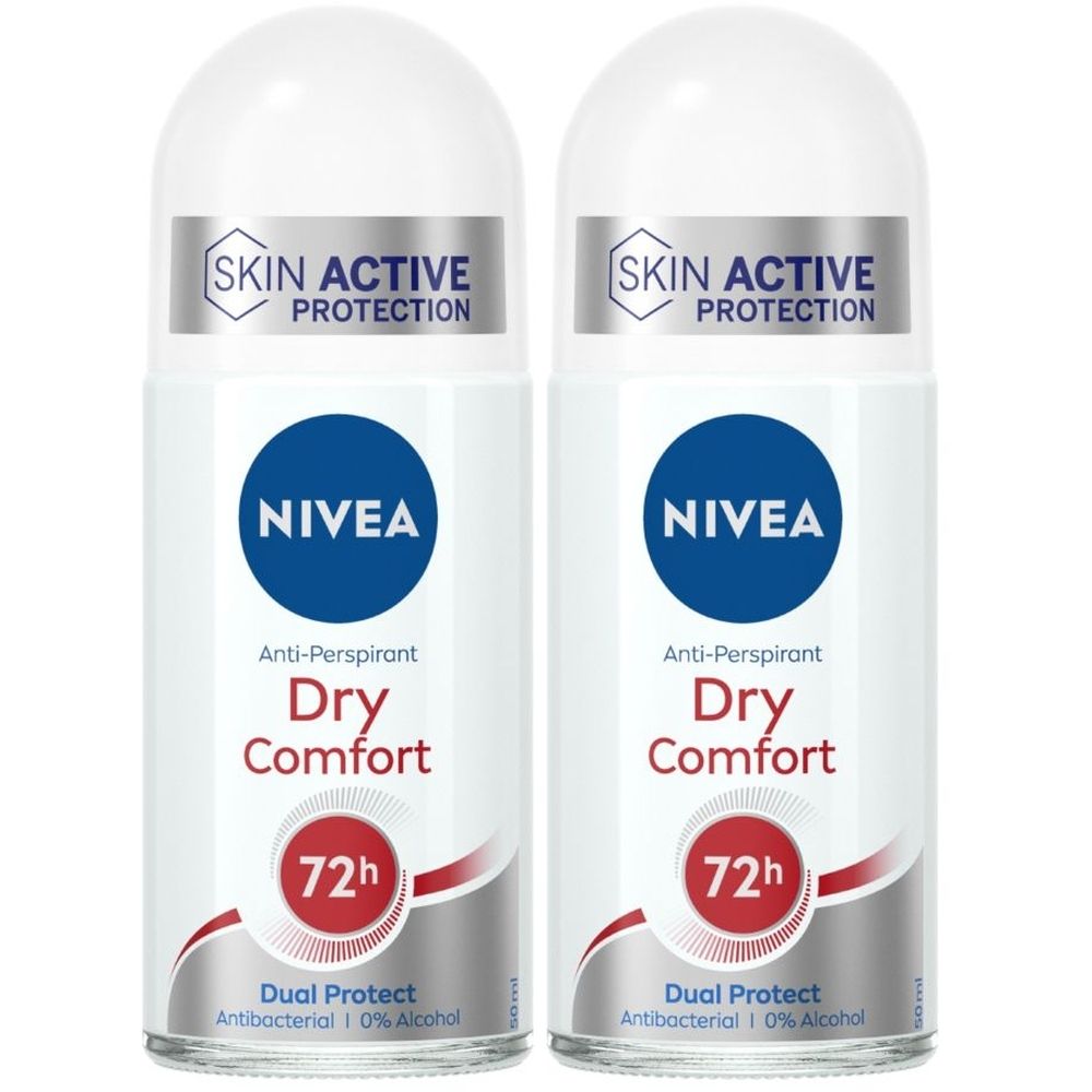Due deodoranti roll-on bianchi. Scritte blu e rosse: Nivea, Dry Comfort, 72h, Dual Protect. Skin Active Protection.