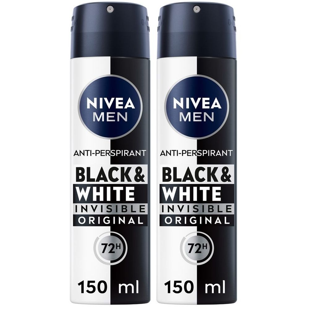 Due spray deodoranti. Flaconi neri e bianchi con Nivea Men, Black & White Invisible Original, 72H. 150 ml.