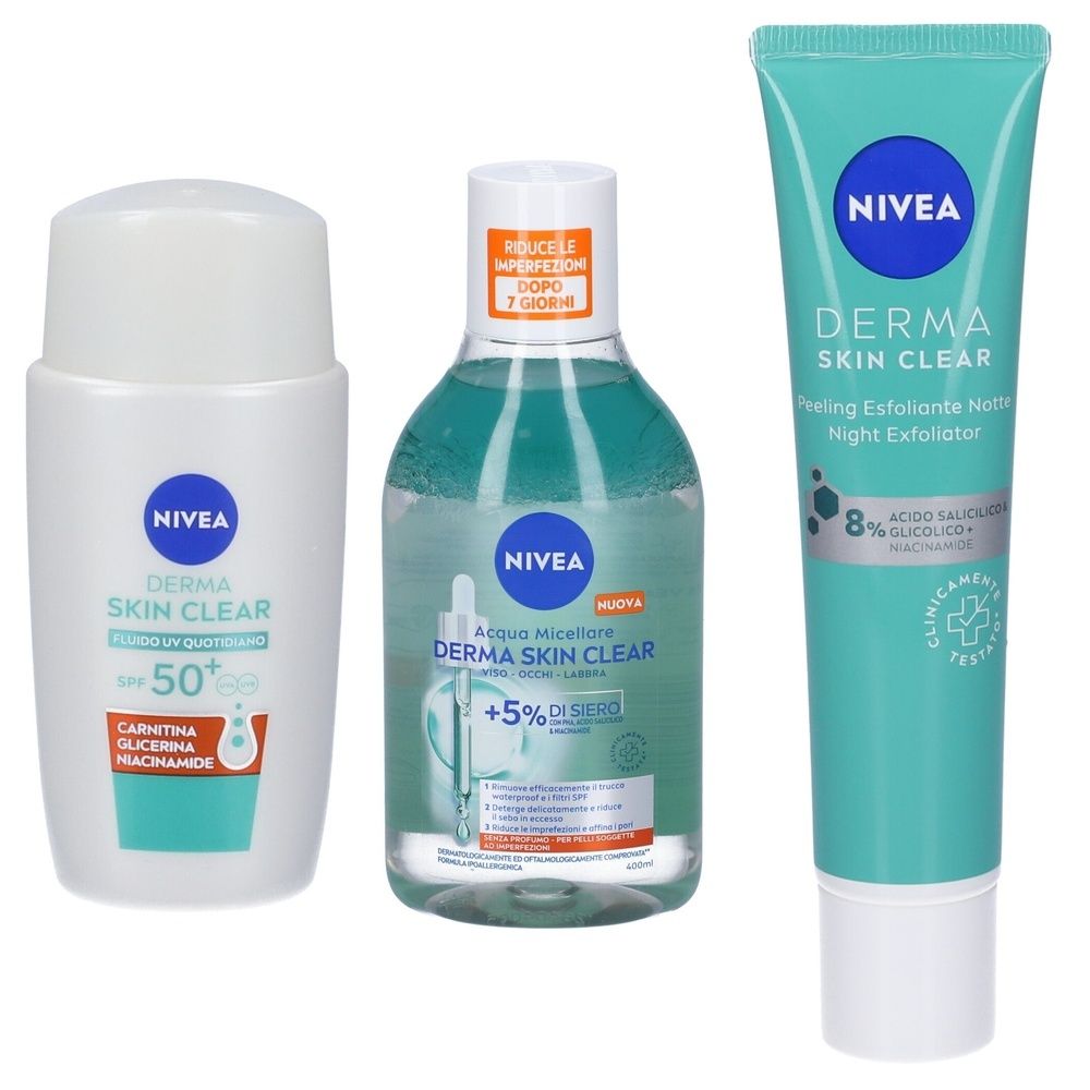 Nivea Derma Skin Clear Peeling Anti-Imperfezioni + Acqua Micellare + Clear Fluido UV Quotidiano SPF50