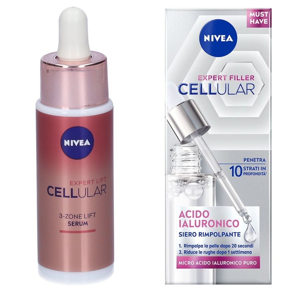 Nivea Cellular Expert Filler Siero Viso Acido Ialuronico Rimpolpante + Siero Viso Antirughe Effetto Lifting