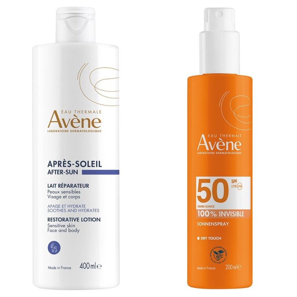 Eau Thermale Avène Spray Solare Protezione alta SPF 50 + Latte Doposole Ristrutturante pelle sensibile, viso e corpo