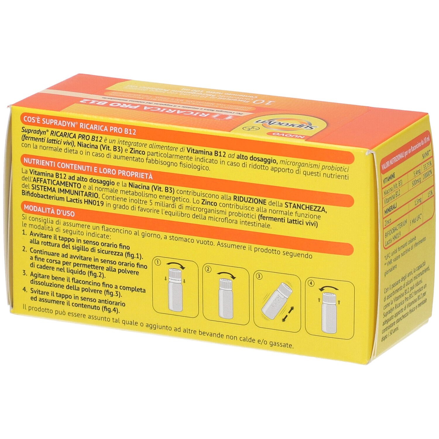 Confezione B. Supradyn Ricarica Pro B12. Retro con istruzioni per l'uso.