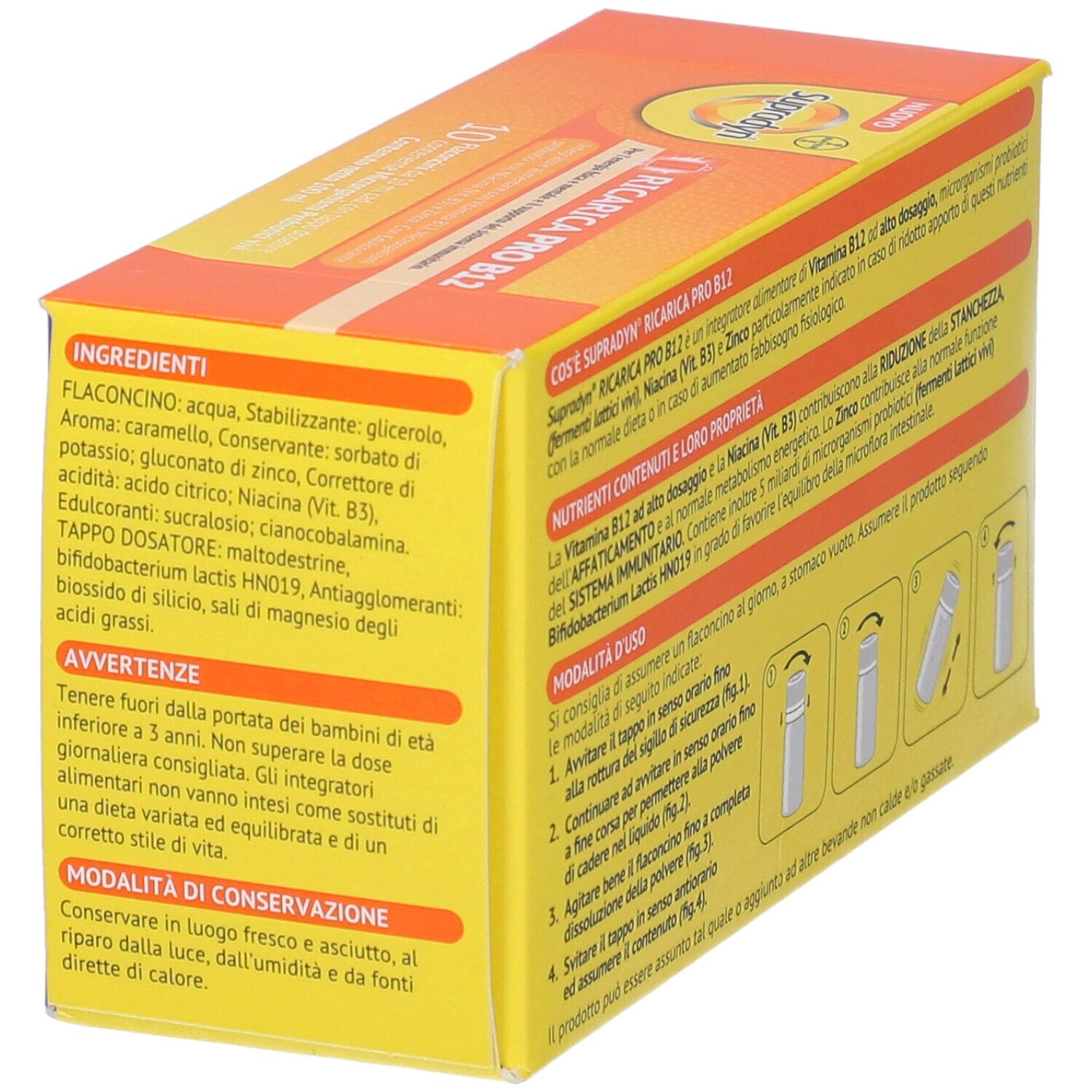 Confezione B. Supradyn Ricarica Pro B12. Dettaglio con ingredienti e istruzioni per l'uso.