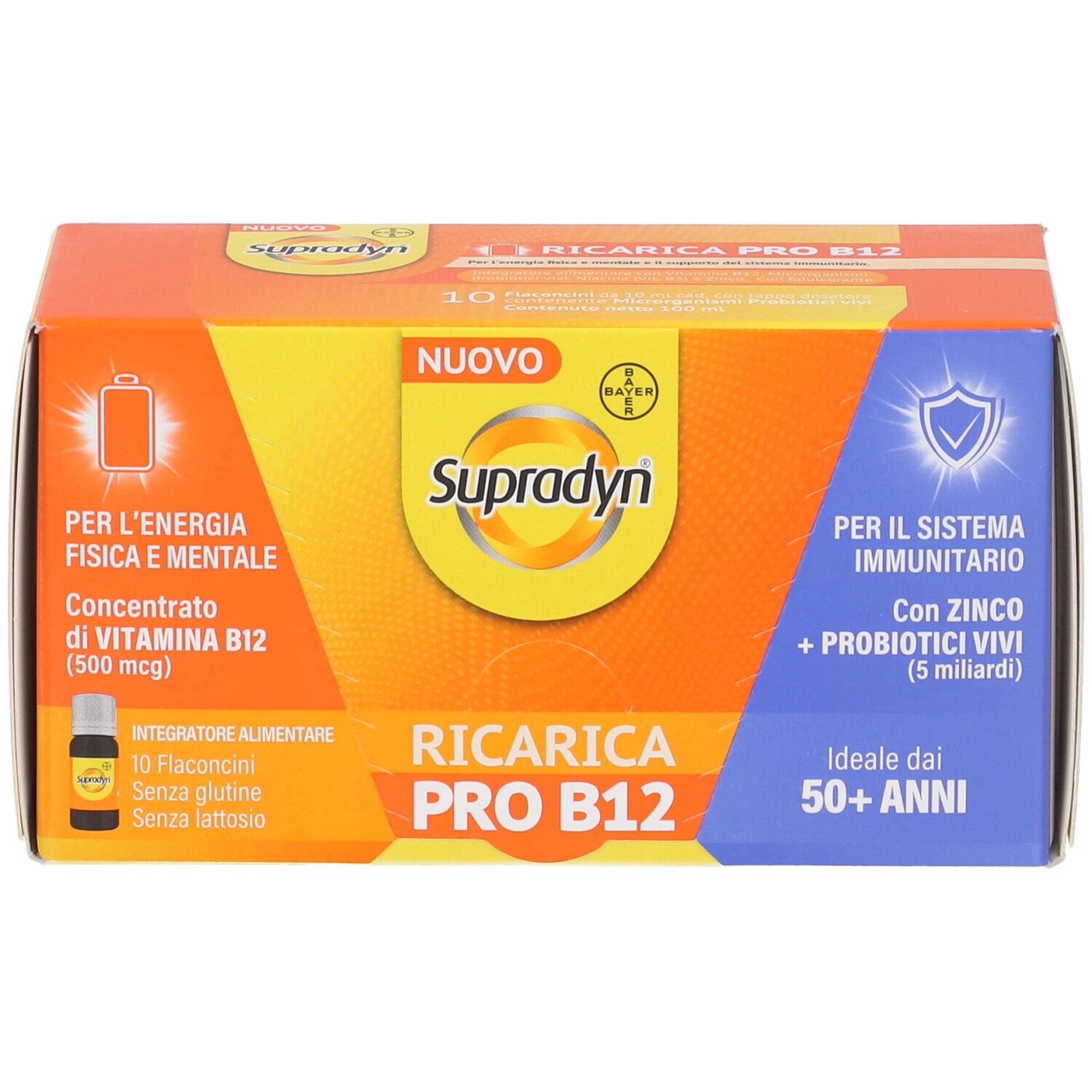 Confezione B. Supradyn Ricarica Pro B12. Scatola giallo-arancio con informazioni sul prodotto.