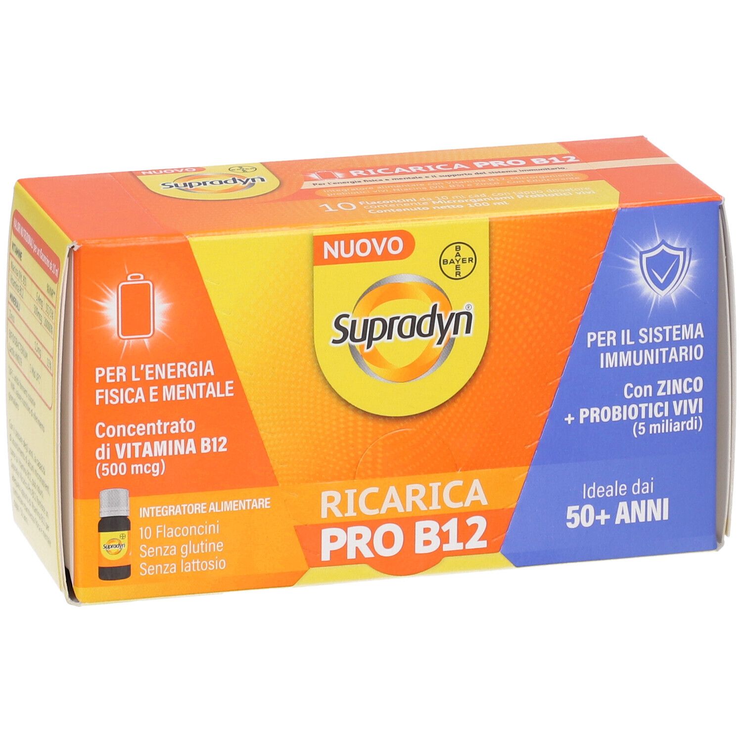 Confezione B. Supradyn Ricarica Pro B12. Scatola giallo-arancio con informazioni sul prodotto.