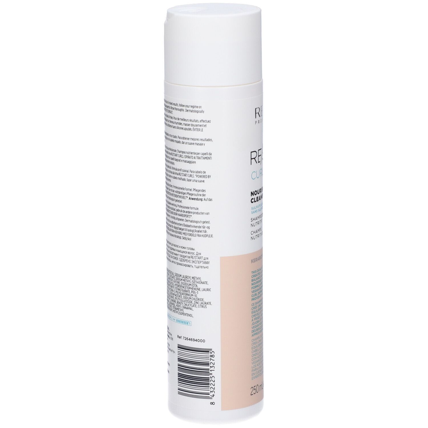 Retro del flacone di shampoo. Testo multilingue. Codice a barre e indicazione del volume: 250ml/8.4 fl.oz.