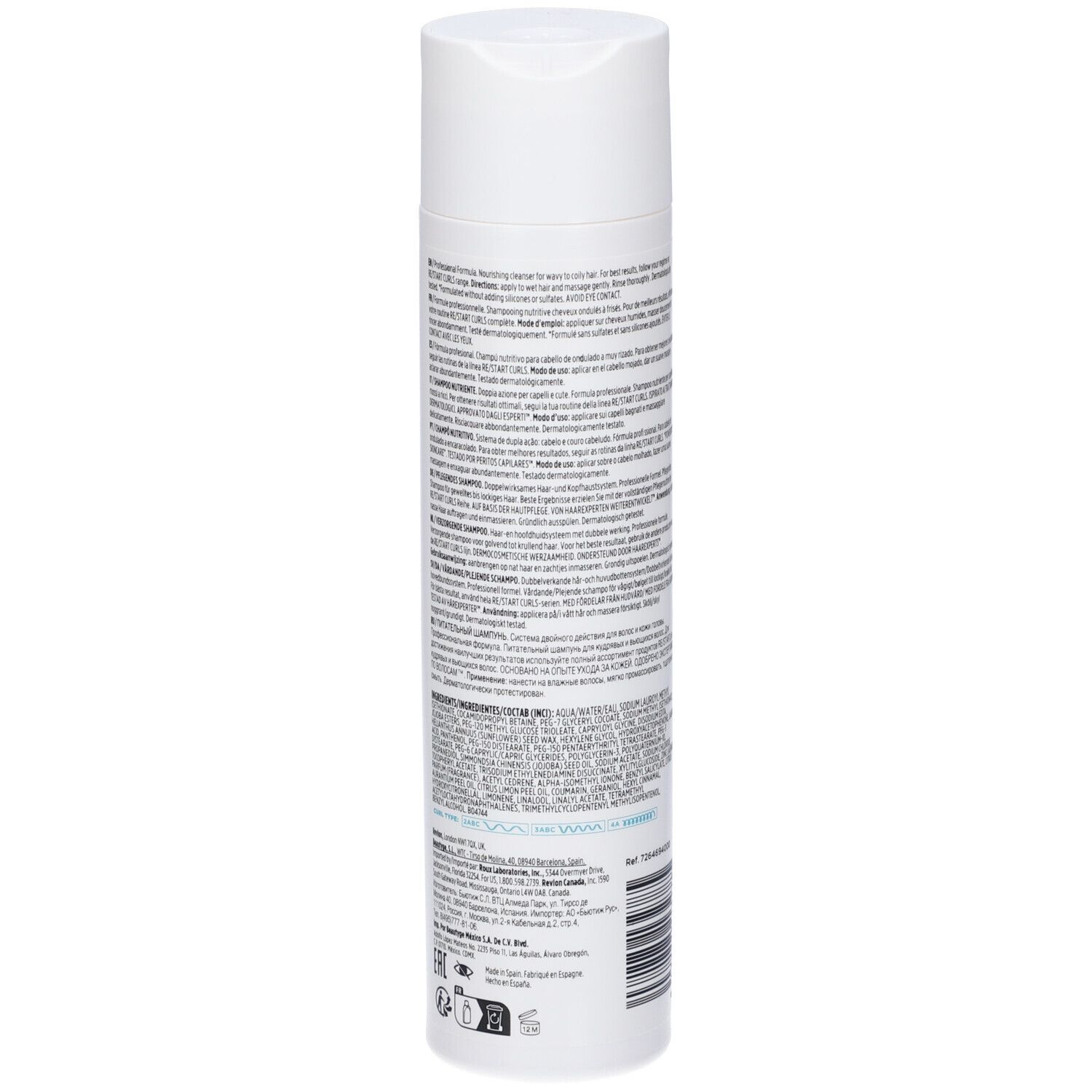 Retro del flacone di shampoo. Testo multilingue. Ingredienti e informazioni del produttore.