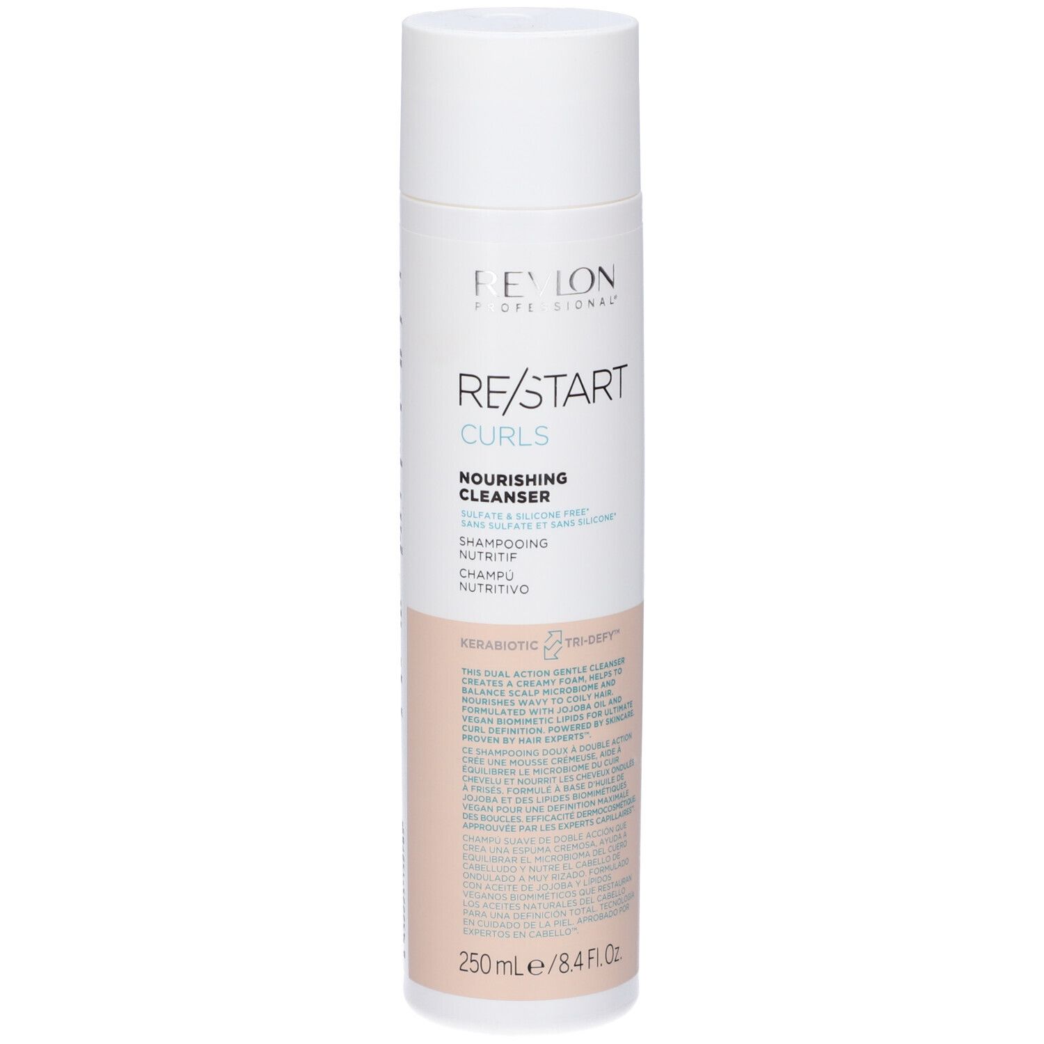 Flacone di shampoo bianco e rosa. Scritta: Revlon Professional, Re/Start Curls, Nourishing Cleanser. 250ml/8.4 fl.oz.