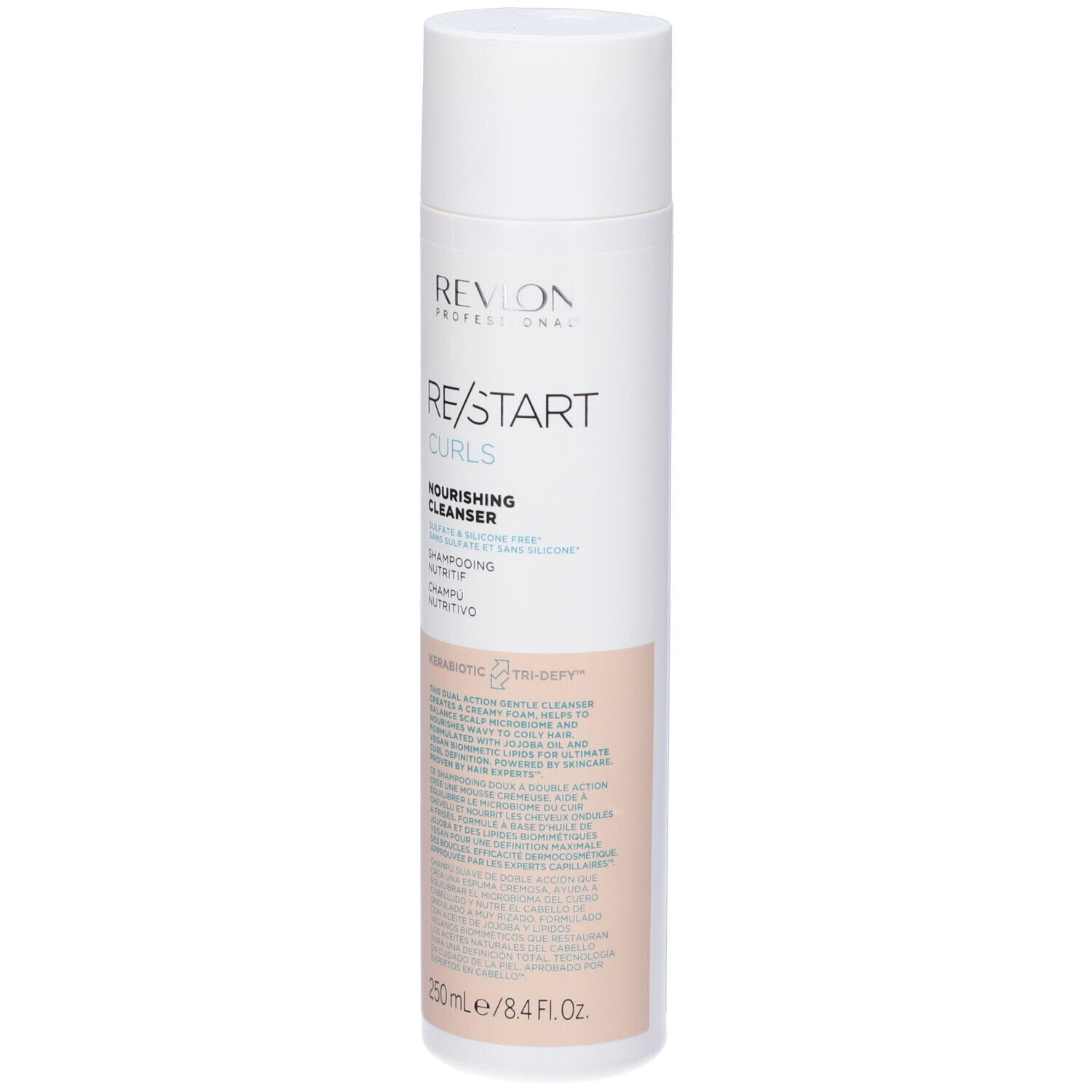 Flacone di shampoo bianco e rosa. Scritta: Revlon Professional, Re/Start Curls, Nourishing Cleanser. 250ml/8.4 fl.oz.