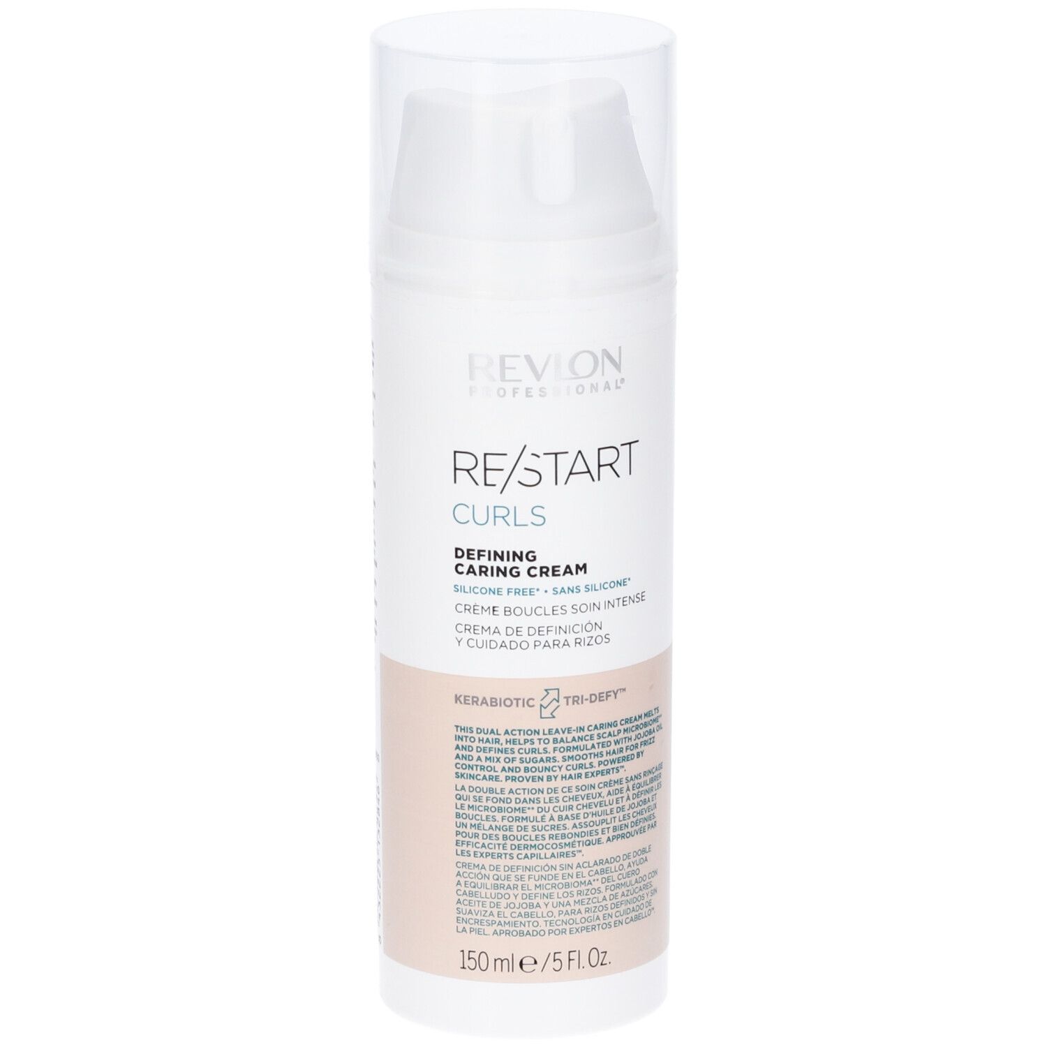 Dispenser bianco con testo. Revlon Professional Re/Start Curls, Defining Caring Cream. 150ml/5 Fl Oz.