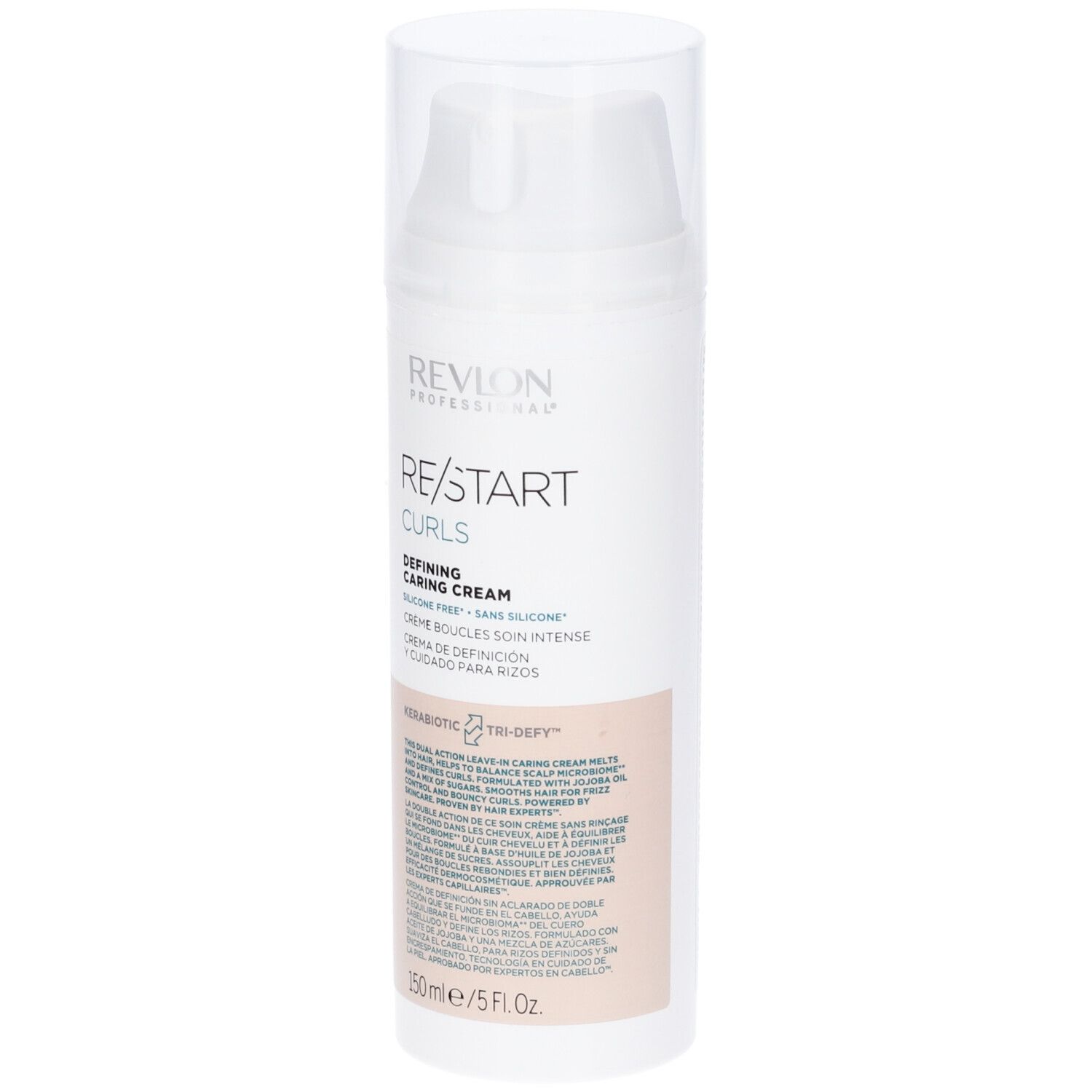 Dispenser bianco con testo. Revlon Professional Re/Start Curls, Defining Caring Cream. 150ml/5 Fl Oz.