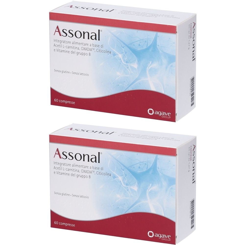 Due confezioni di "Assonal". Scatole rosse e bianche con informazioni sul prodotto e logo "O agave". Contiene 60 compresse.