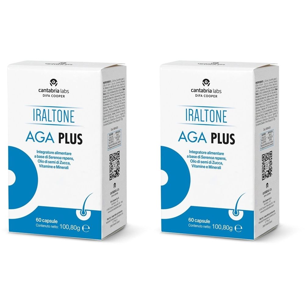 Due scatole bianche con dettagli blu. Scritta: IRALTONE AGA PLUS. Contiene 60 capsule. Produttore: Cantabria Labs.