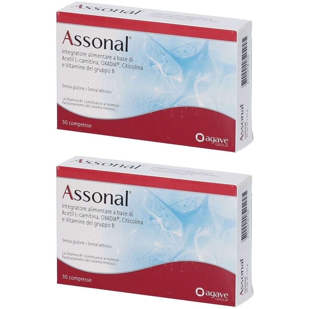Due scatole di Assonal. Confezione rossa e bianca con nome del prodotto e informazioni. 30 compresse per scatola.
