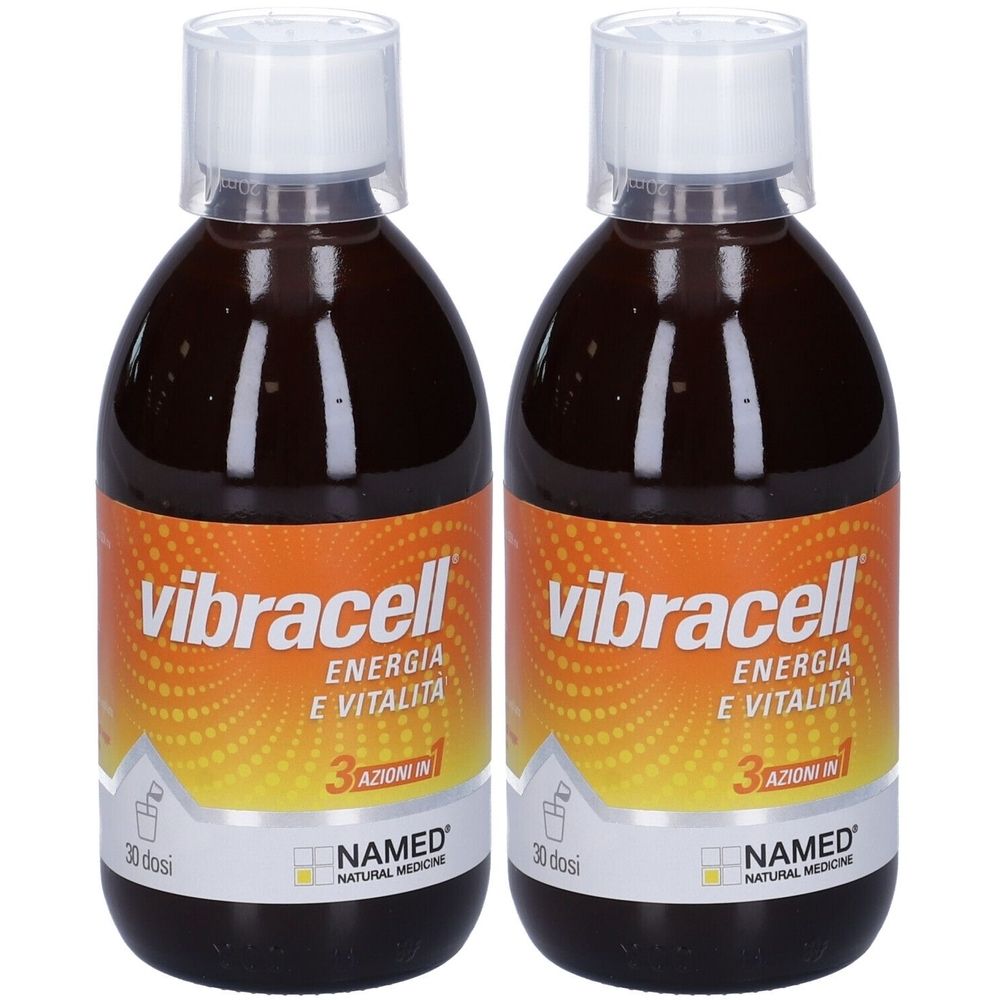 Due bottiglie di liquido marrone. Scritta: vibracell, Energia e Vitalità, 3 azioni in 1. Marchio: NAMED.