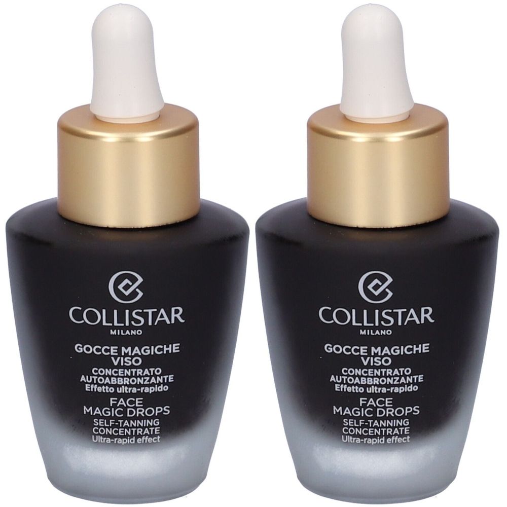 Due flaconi con contagocce bianco e tappo dorato. Flaconi neri con testo bianco. Scritta: Collistar, Gocce Magiche Viso.