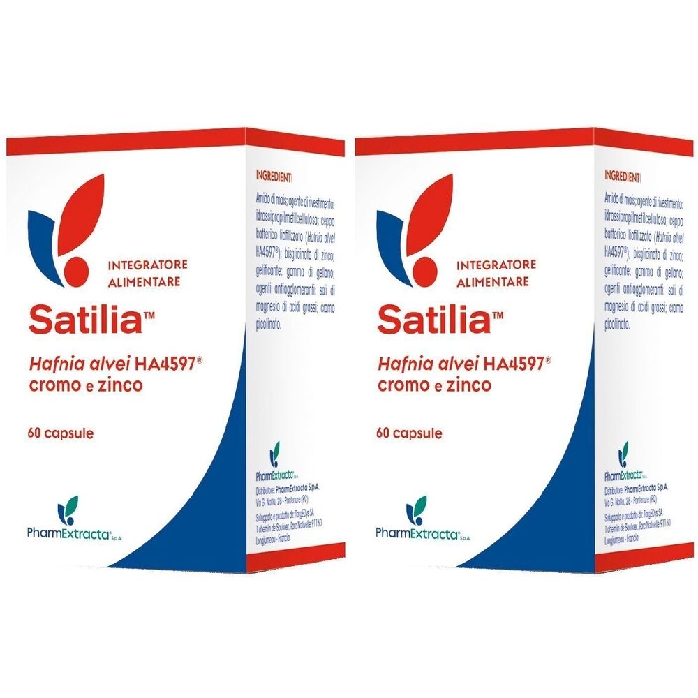 Due scatole di Satilia, integratore alimentare. Scritta: Hafnia alvei HA4597, cromo e zinco. Contiene 60 capsule. Marchio: PharmExtracta.