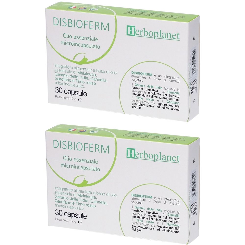 Due confezioni di capsule Disbioferm. Scritta: Olio essenziale microincapsulato, 30 capsule. Marchio: Herboplanet.