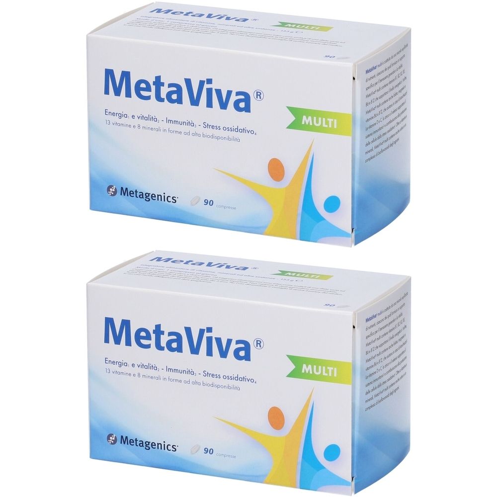 Due scatole bianche con scritta "MetaViva". Scritta: "Energia e vitalità, Immunità, Stress ossidativo". Marchio: Metagenics. Etichetta "MULTI".