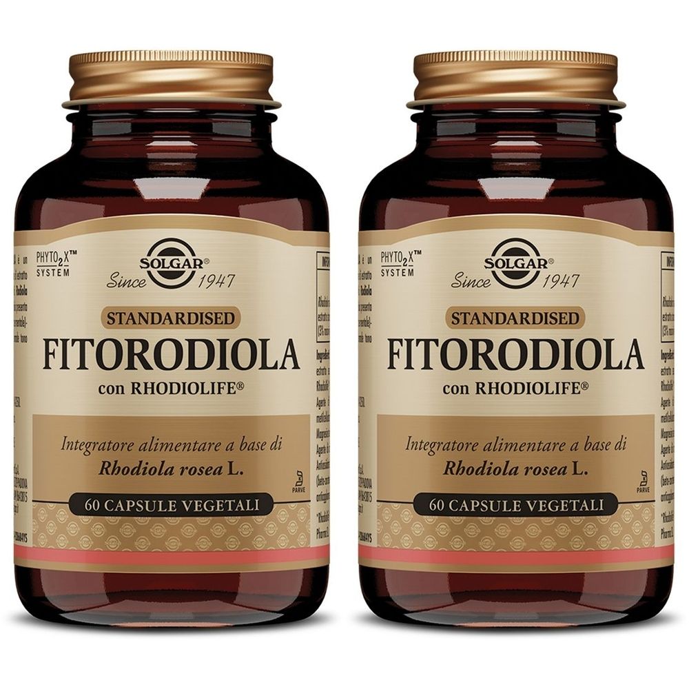 Due bottiglie di vetro marrone con tappi dorati. Le etichette riportano "Fitorodiola" e "60 CAPSULE VEGETALI".