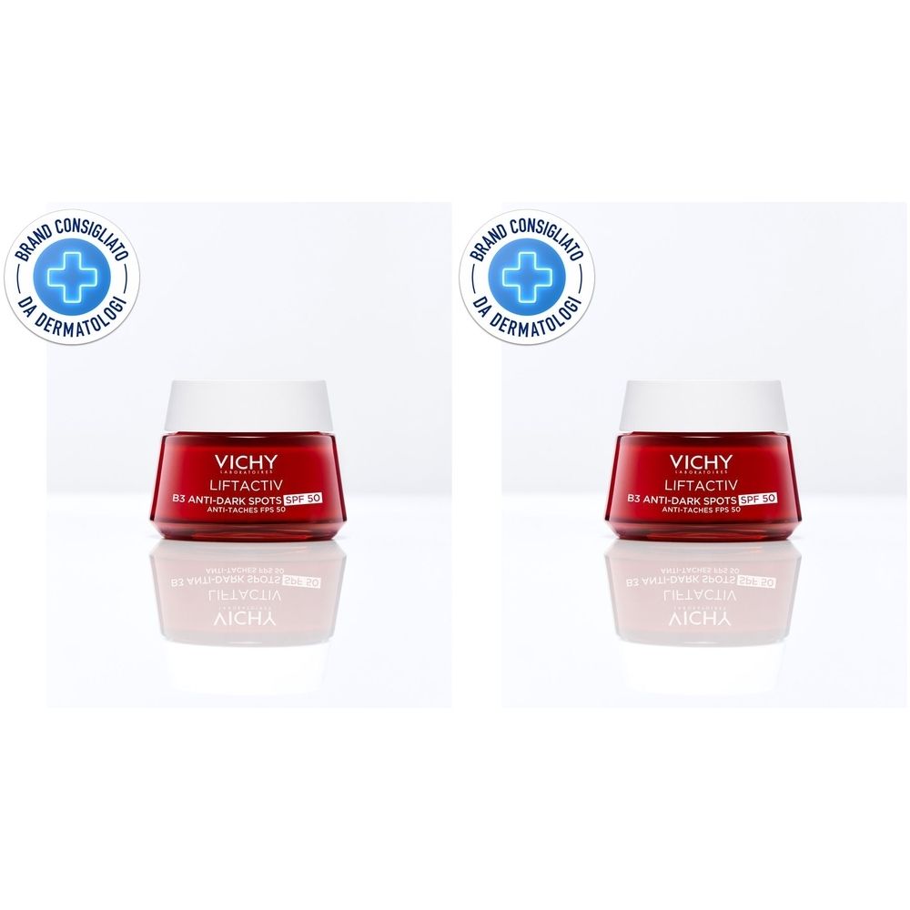 Due vasetti rossi con coperchi bianchi. Scritta: VICHY LIFTACTIV Anti-Dark Spots SPF 50. Con sigillo dermatologico.