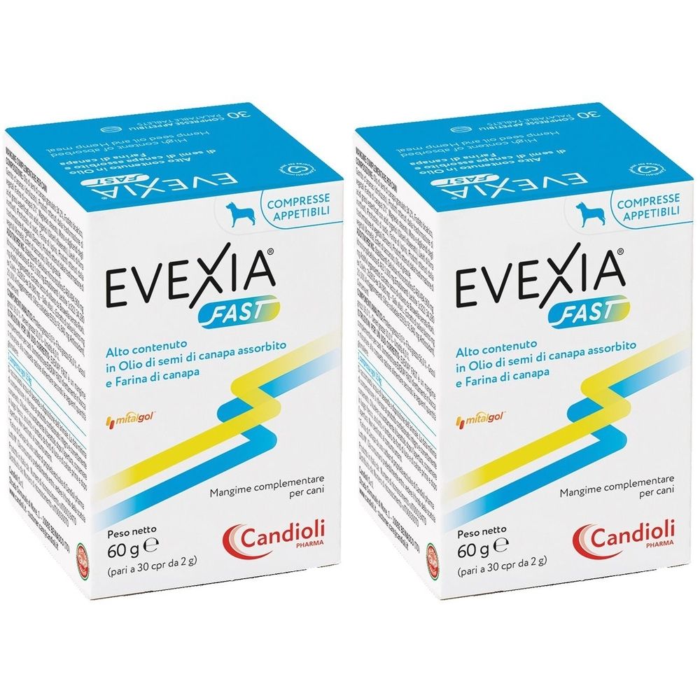 Due scatole bianche con grafica blu e gialla. Scritta: EVEXIA FAST, 30 compresse, mangime complementare per cani.