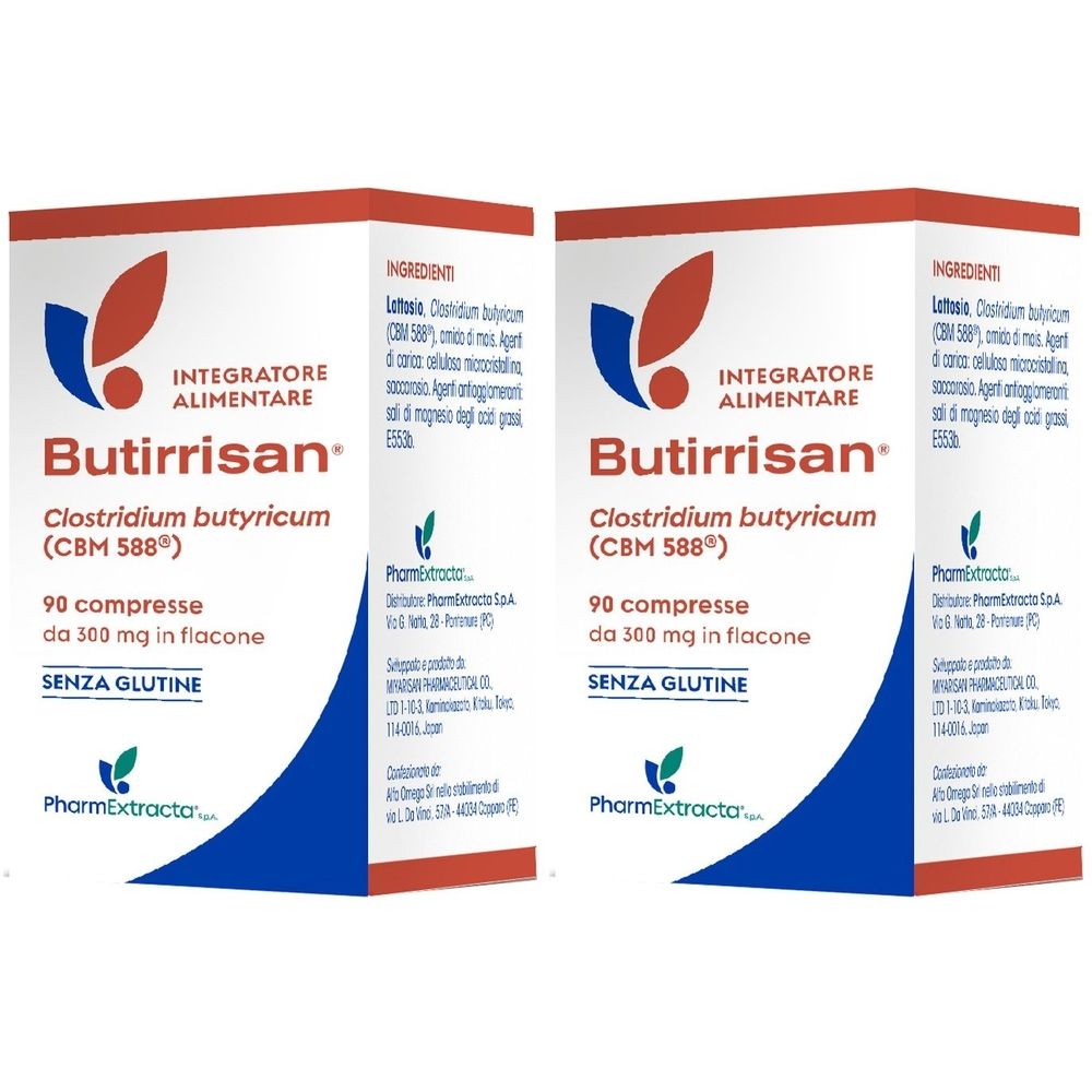 Due scatole identiche di integratore Butirrisan. Scritta: 90 compresse, senza glutine. Grafica blu e rossa.