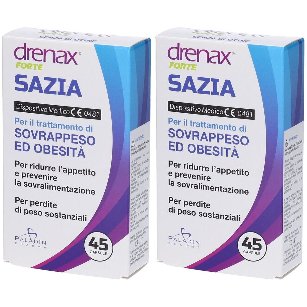 Due confezioni bianche. Scritte: Drenax Forte Sazia, 45 capsule. Dispositivo medico CE 0481. Per il trattamento di sovrappeso e obesità.