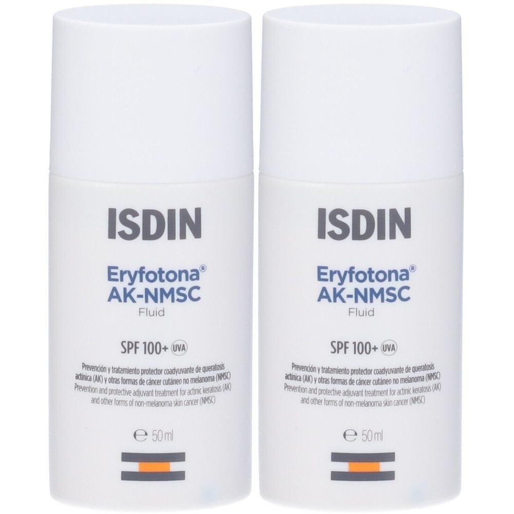 Due flaconi bianchi ISDIN Eryfotona AK-NMSC Fluid, SPF 100+ UVA. Scritte e striscia arancione.