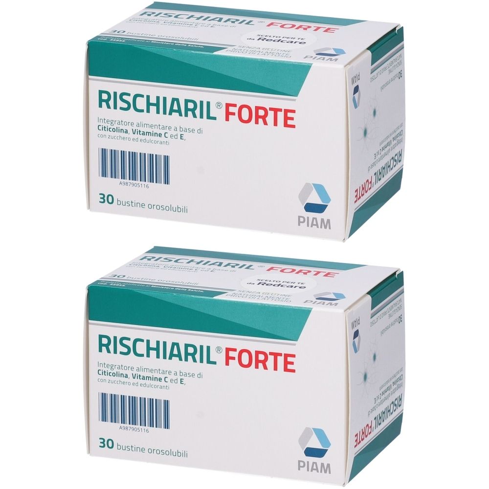 Due confezioni RISCHIARIL FORTE. Scatole bianche con dettagli verdi. Testo: 30 bustine, logo PIAM.