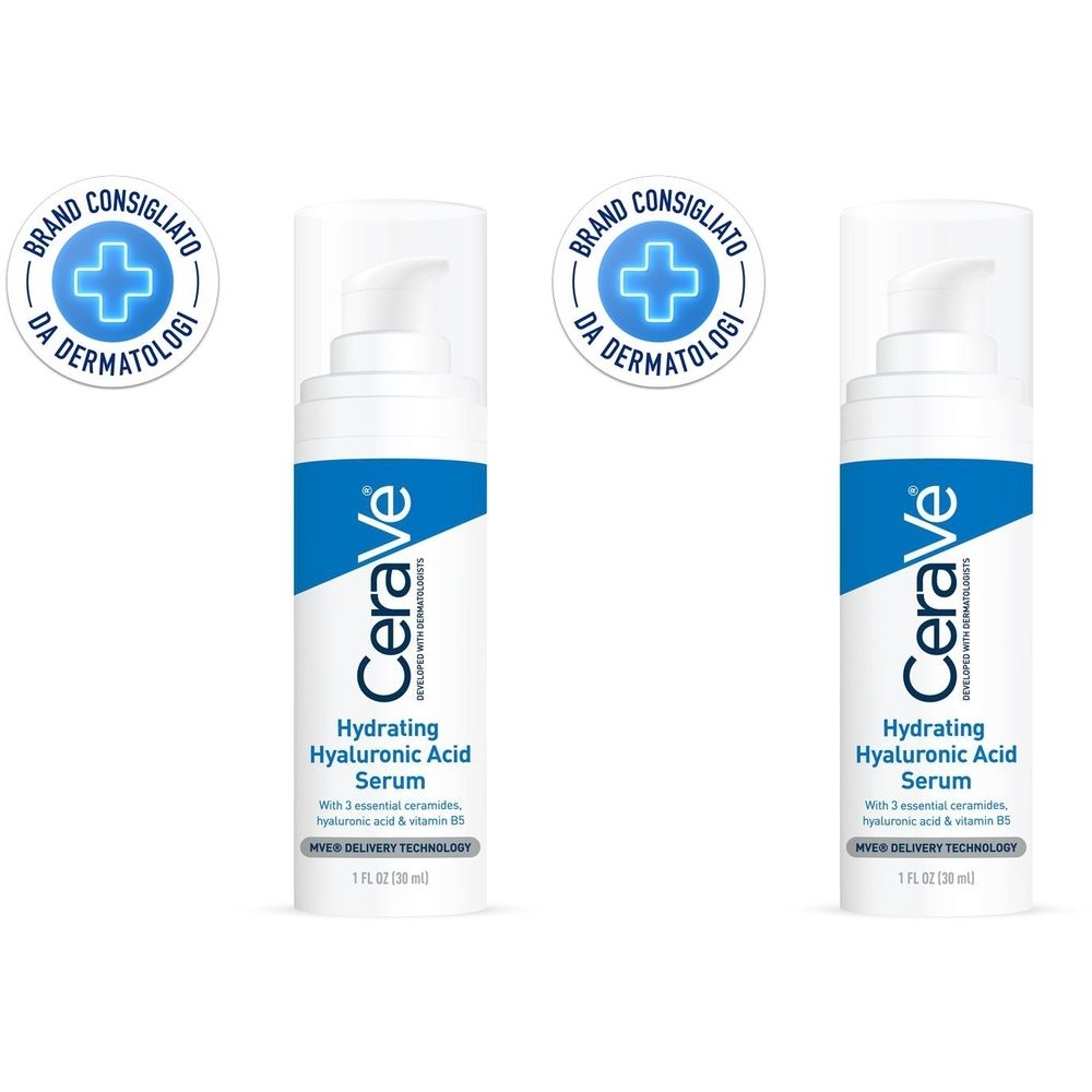 Due flaconi bianchi con dettagli blu. Scritta: CeraVe, Hydrating Hyaluronic Acid Serum. Raccomandato dai dermatologi.