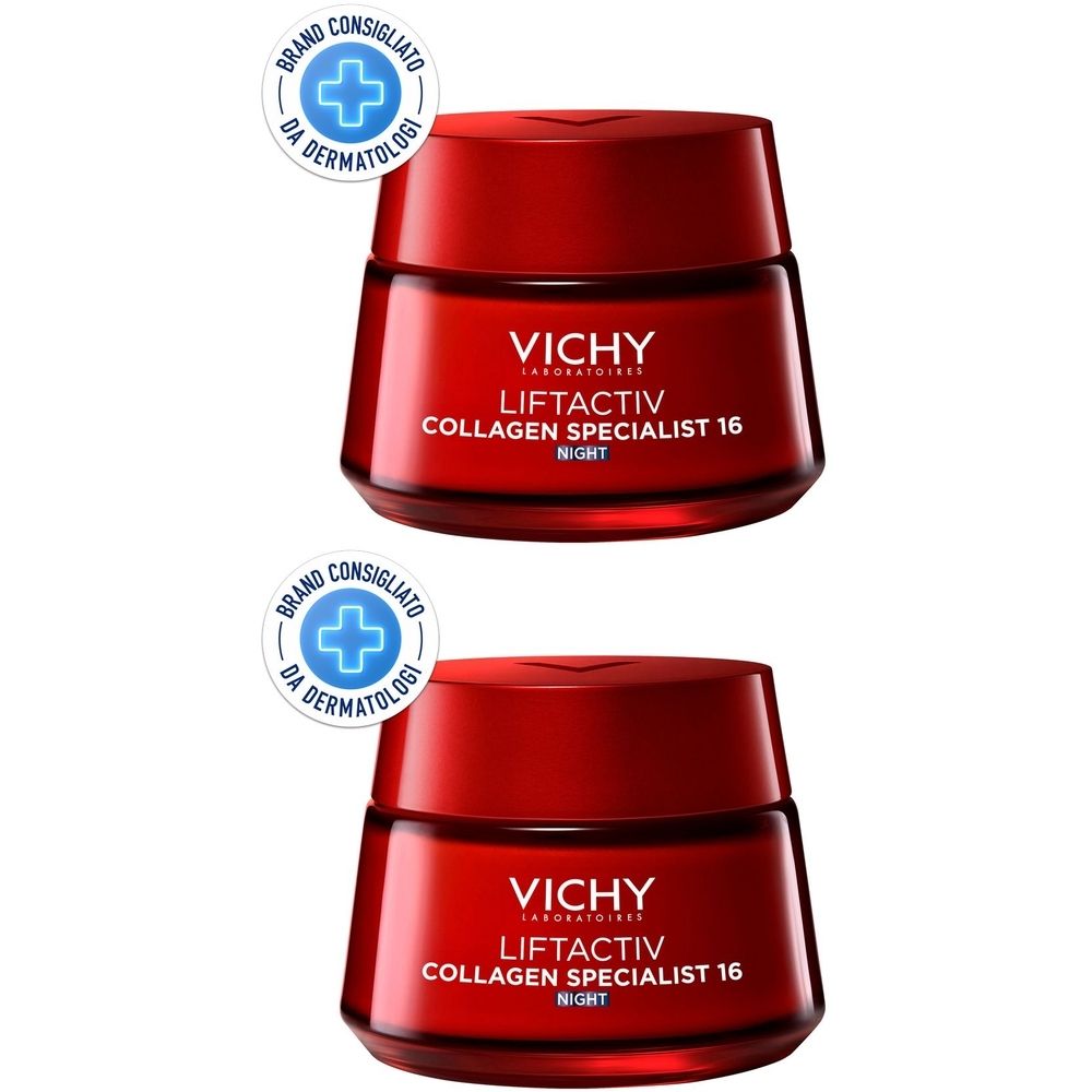 Due vasetti rossi con scritta VICHY LIFTACTIV COLLAGEN SPECIALIST 16 NIGHT. Con logo "Brand Consigliato Da Dermatologi".