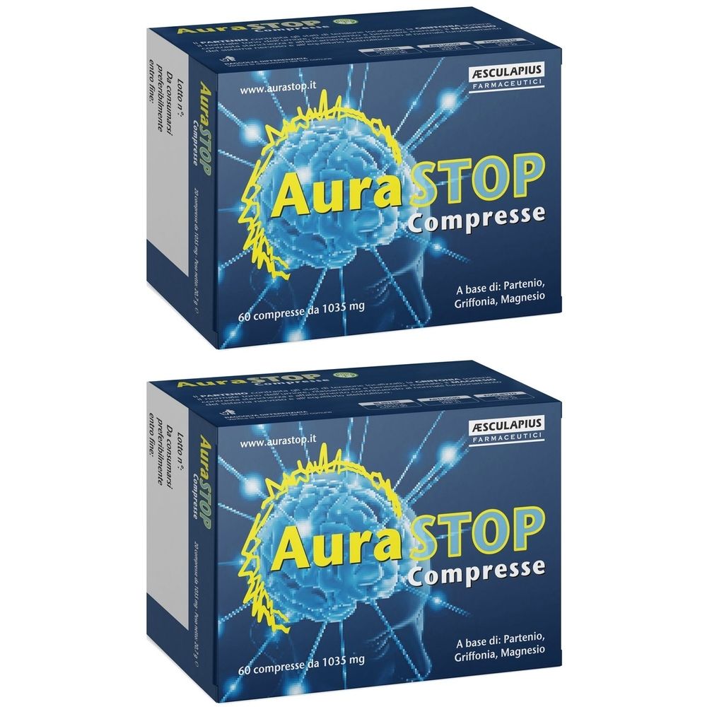 Due scatole di Aurastop Compresse. Scritta: Aurastop Compresse, 60 compresse, 1035 mg. Con immagine di un cervello.