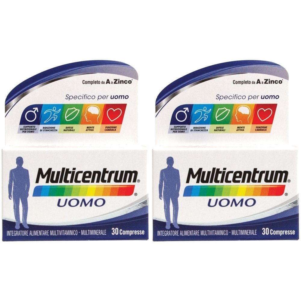 Due confezioni di Multicentrum Uomo. Scatole bianche con testo blu e figura maschile stilizzata. Contiene 30 compresse.