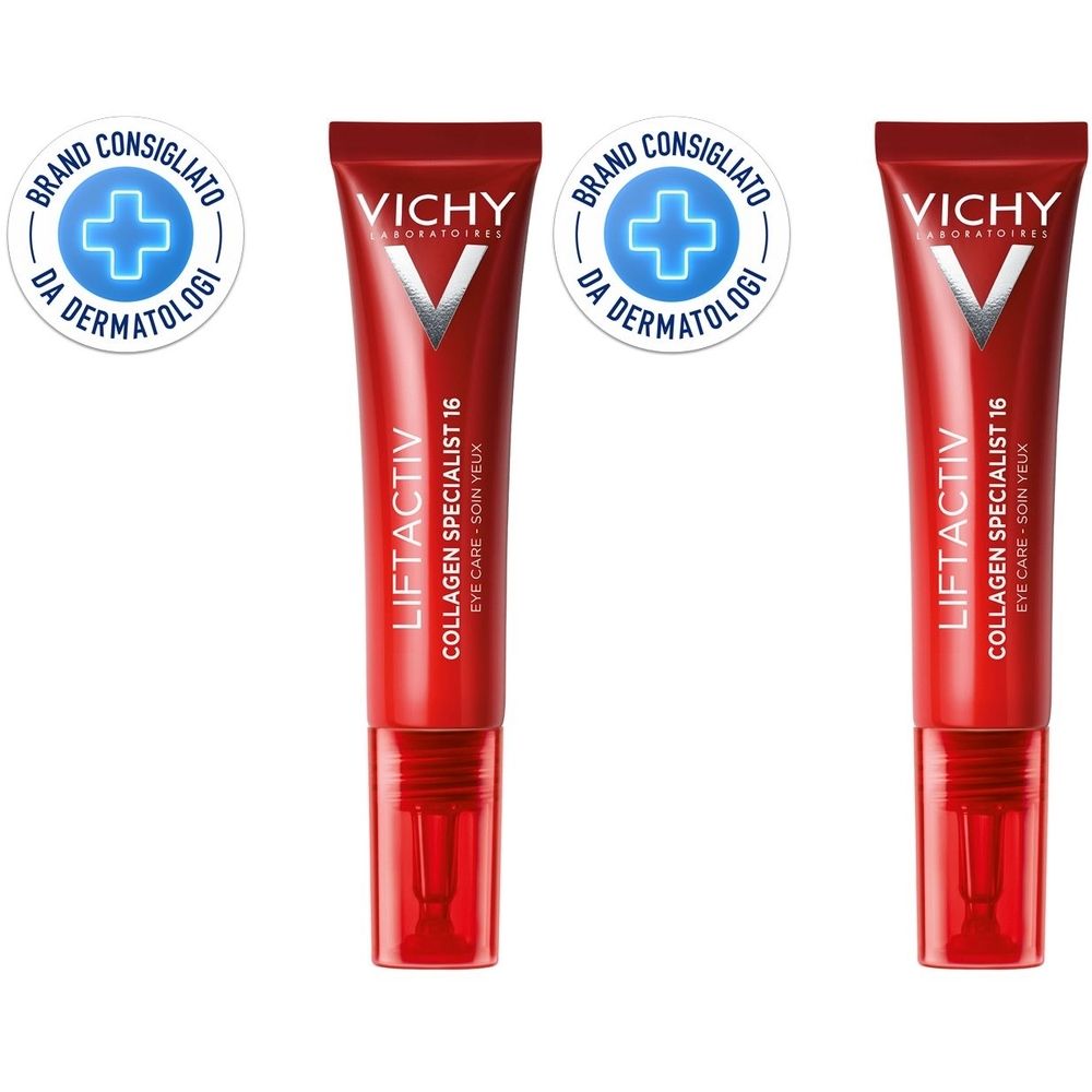 Due tubi rossi di cura occhi. Su ogni tubo, "LIFTACTIV COLLAGEN SPECIALIST 16". Logo: VICHY. Con sigillo "BRAND CONSIGLIATO DA DERMATOLOGI".