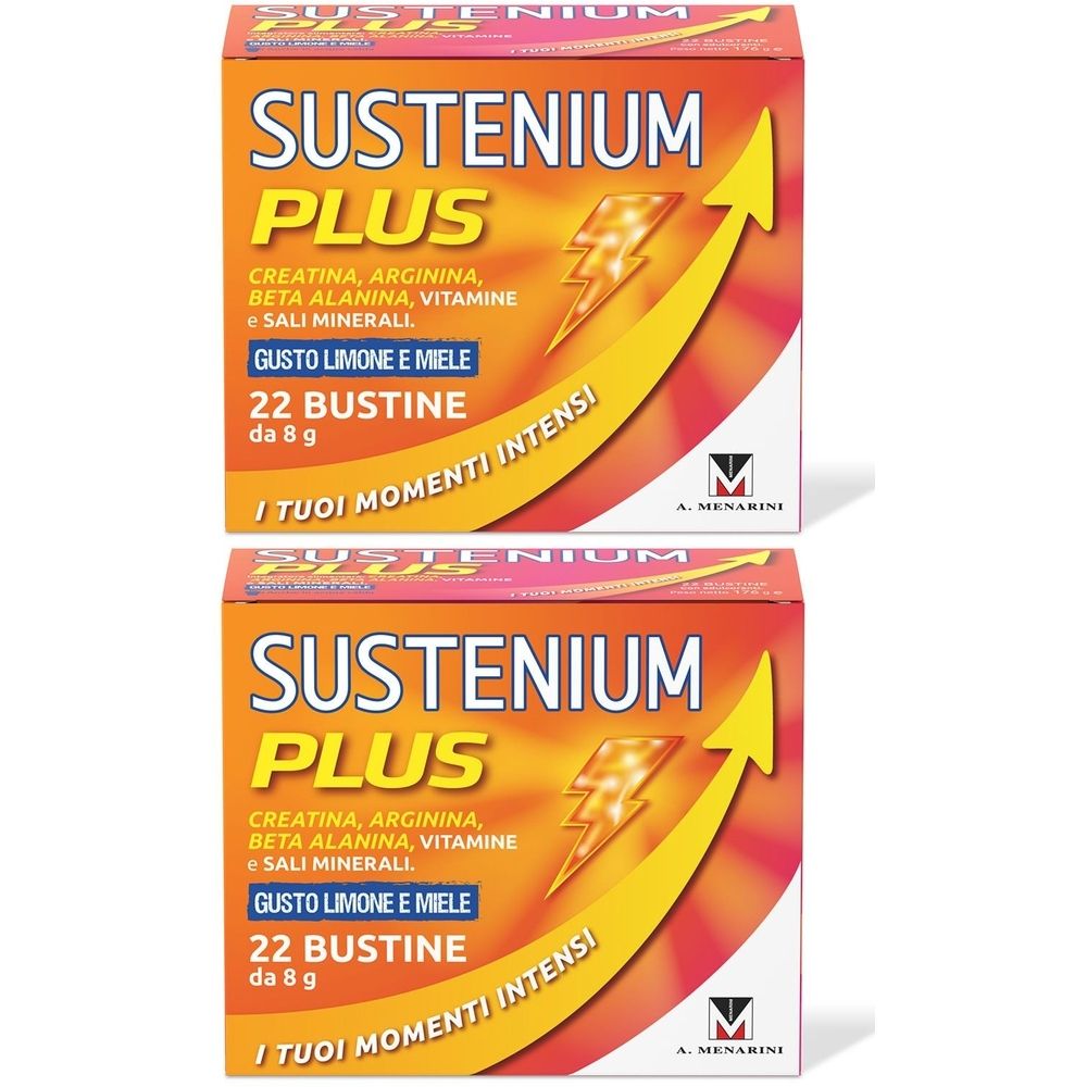 Due confezioni di SUSTENIUM PLUS. Scritta: Creatina, Arginina, Beta Alanina, Vitamine e Sali Minerali. Gusto: Limone e Miele. 22 bustine.