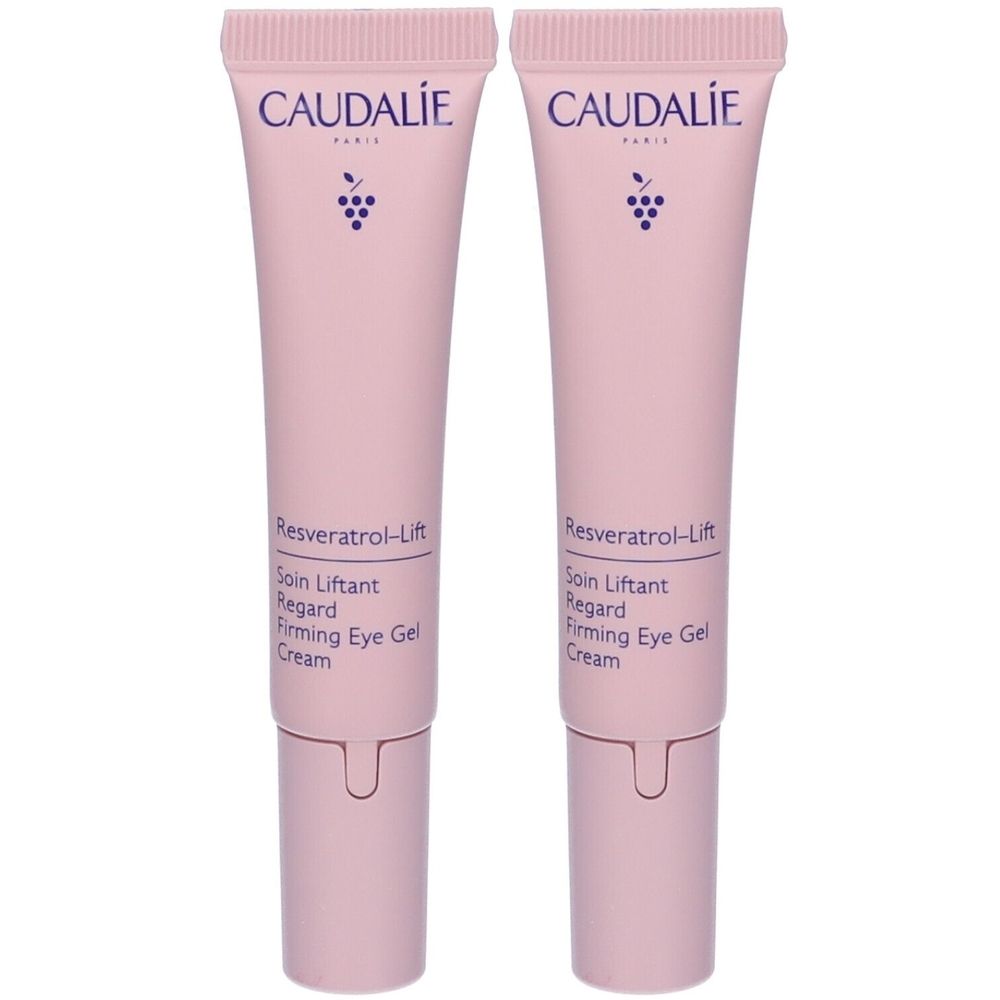 Due tubi rosa con scritta CAUDALIE, Resveratrol-Lift, Firming Eye Gel Cream. Logo dell'uva. Testo bianco.