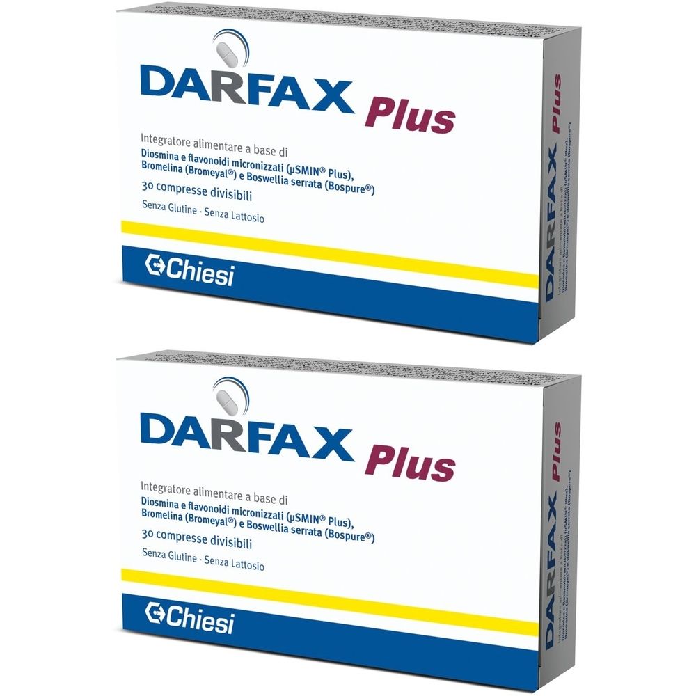 Due confezioni di Darfax Plus. Confezione bianca con strisce blu e gialle. Scritta: Darfax Plus, Chiesi. Contiene 30 compresse divisibili.
